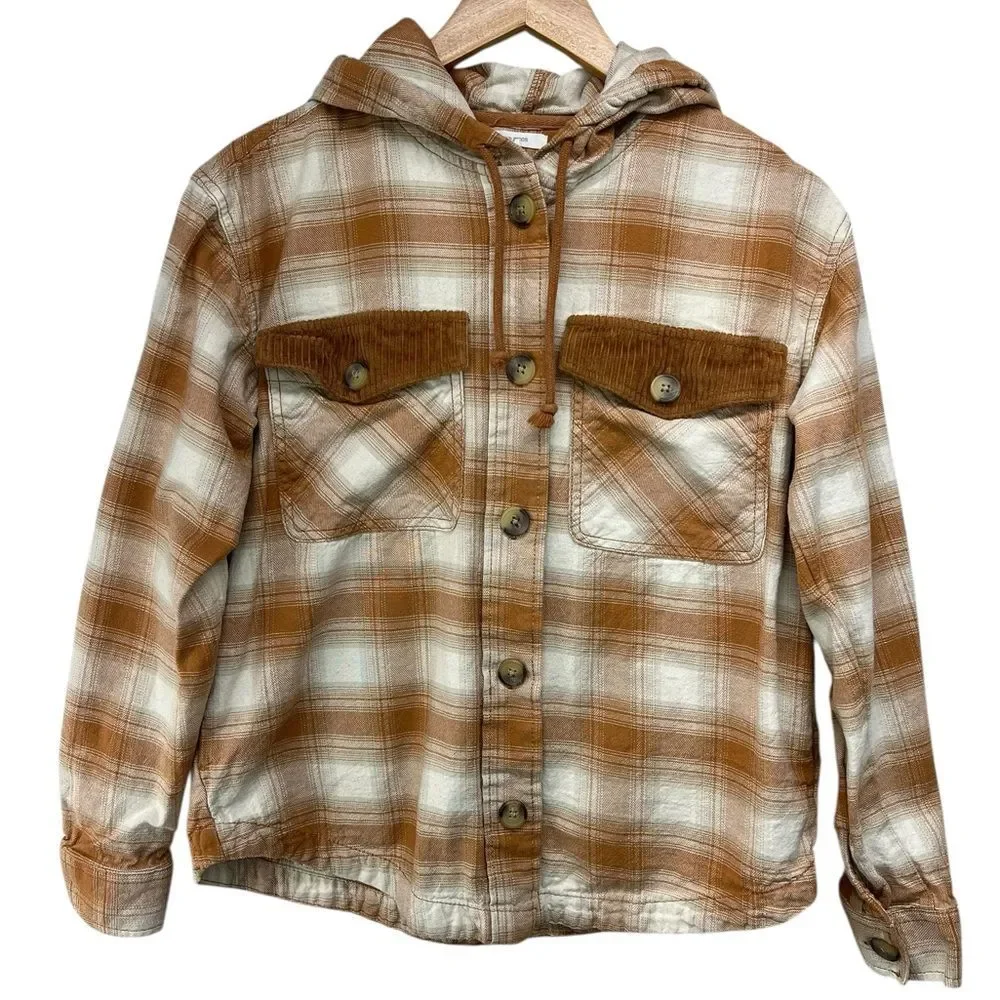 Maurices Plaid Cotton Oversized Hooded Button Down Shirt Womens XS